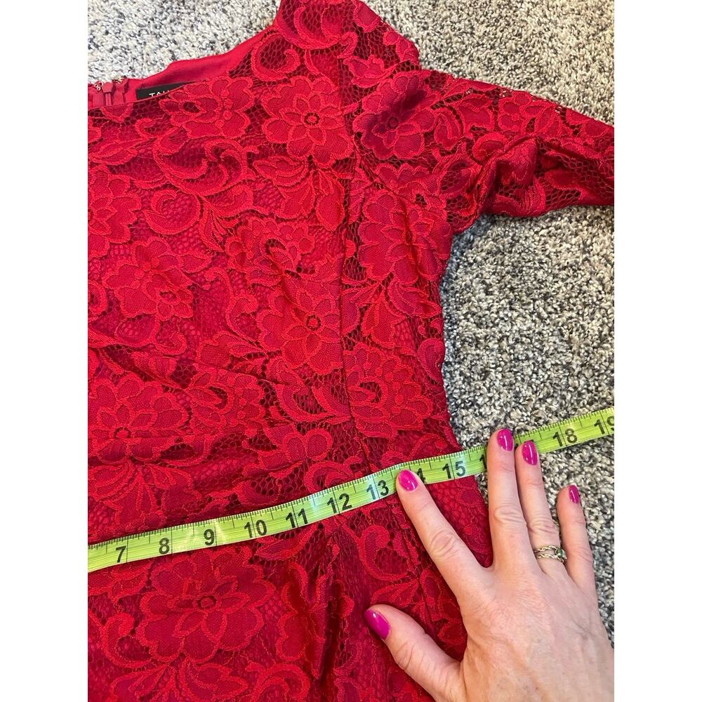 Tahari Arthur Levine Sz 10 Red Lace Cocktail Dress Side Sleeve Ruching Lined - Picture 8 of 11